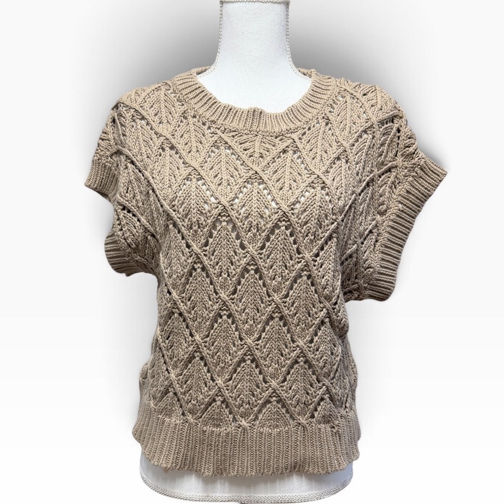 Claire Woman Editta Tan Beige Cotton Pointelle Knit Sweater Vest Top Size 36 10